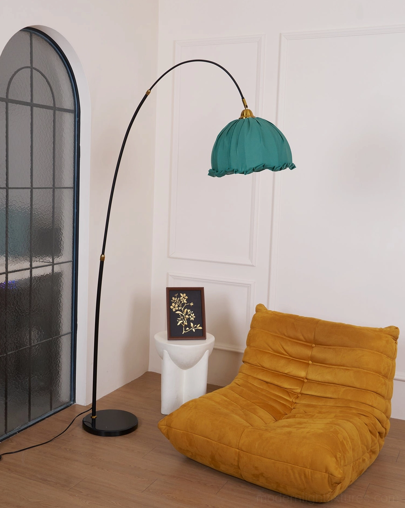 Arching floor lamp extended cord reach flexible positioning placement