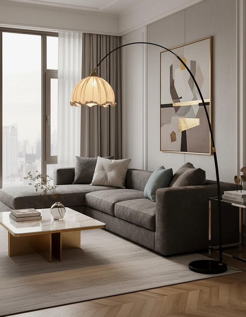 Arc floor lamp full view showing height and reach dimensions in interior space