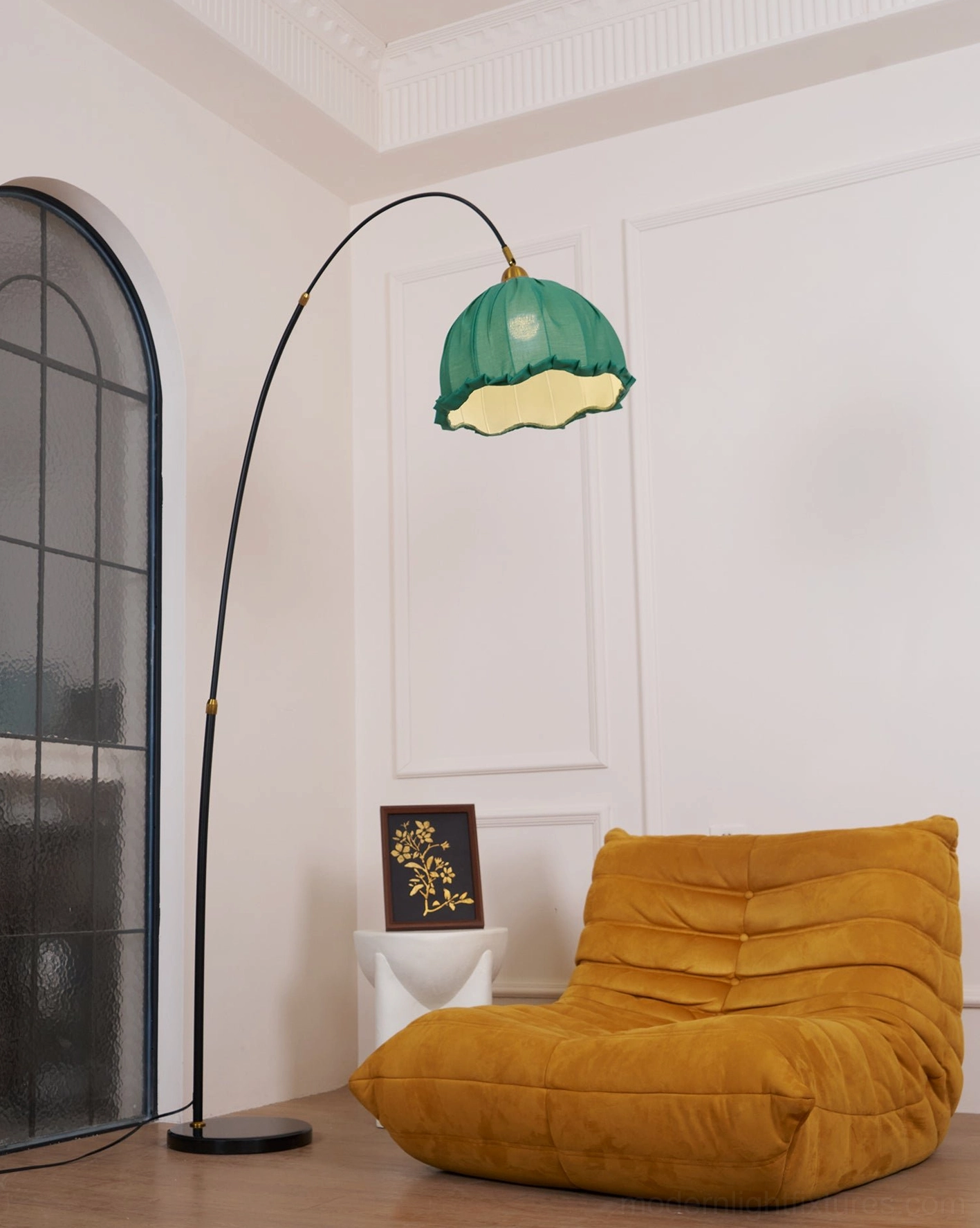 Arching floor lamp industrial modern metal construction design detail