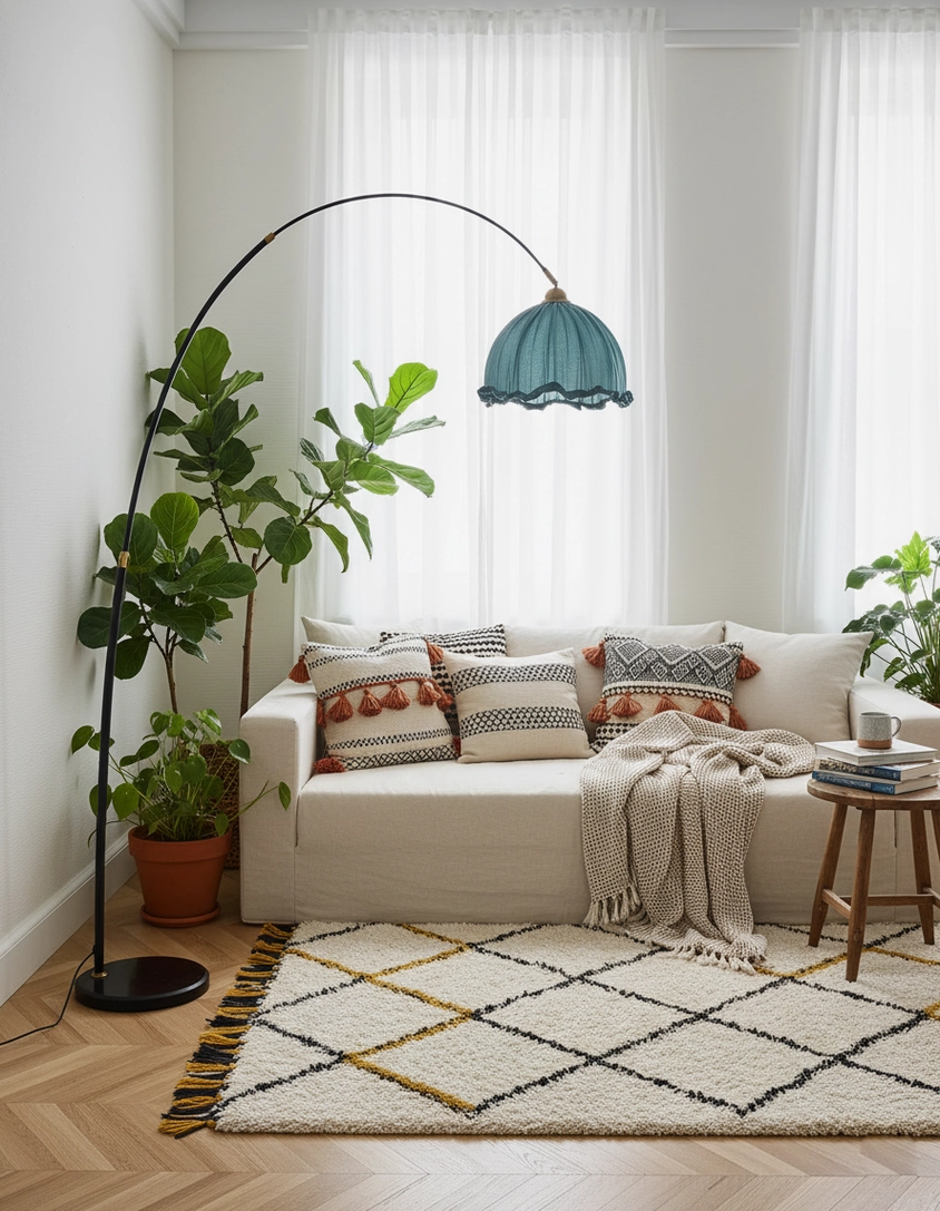 Arc floor lamp with black base and teal fabric shade in Nordic minimalist living room with plants
