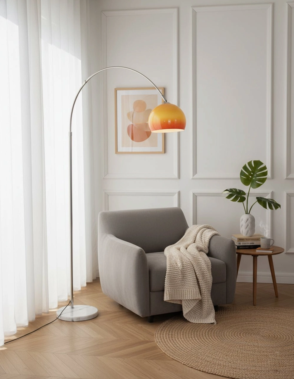Arc floor lamp chrome orange red color showing warm illumination and lighting effect