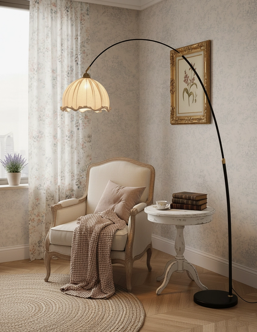 Modern arching floor lamp with ruffled fabric shade detail close-up