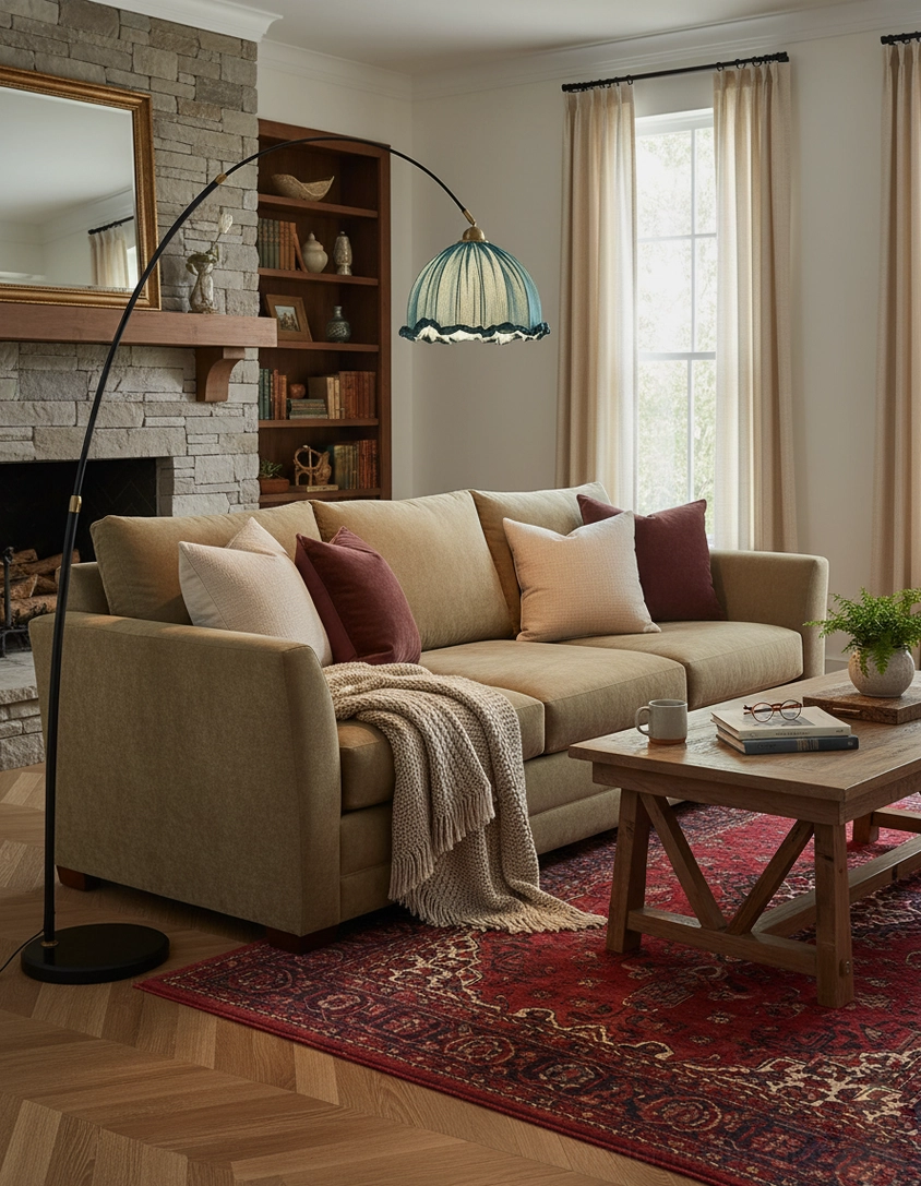 Black arching floor lamp with teal ruffled fabric shade in living room with stone fireplace