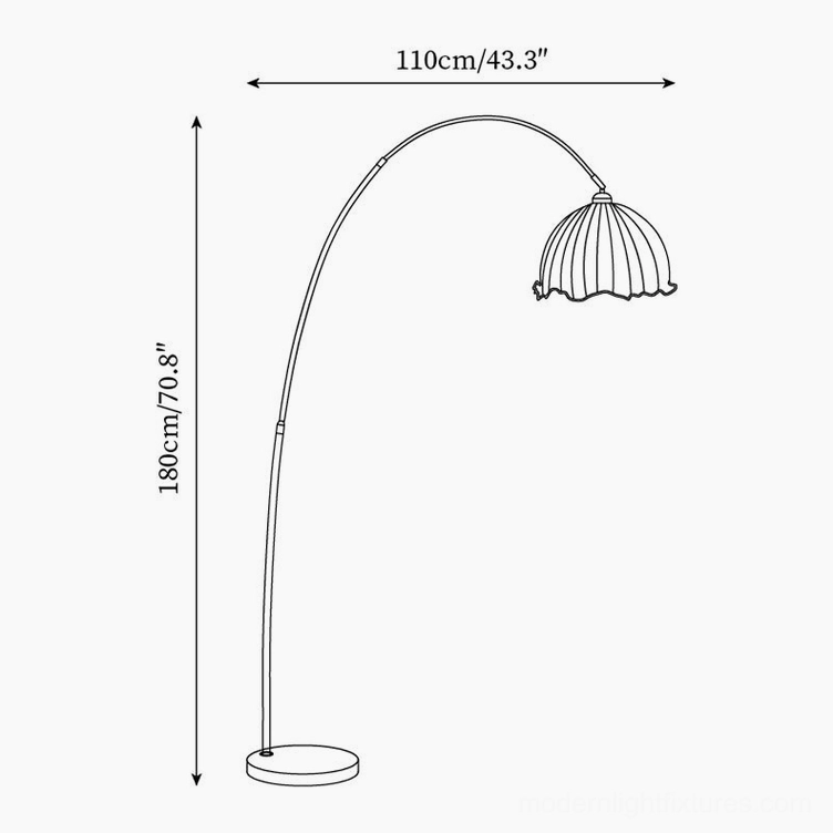 Arc floor lamp technical specification diagram showing 180cm height and 110cm width dimensions