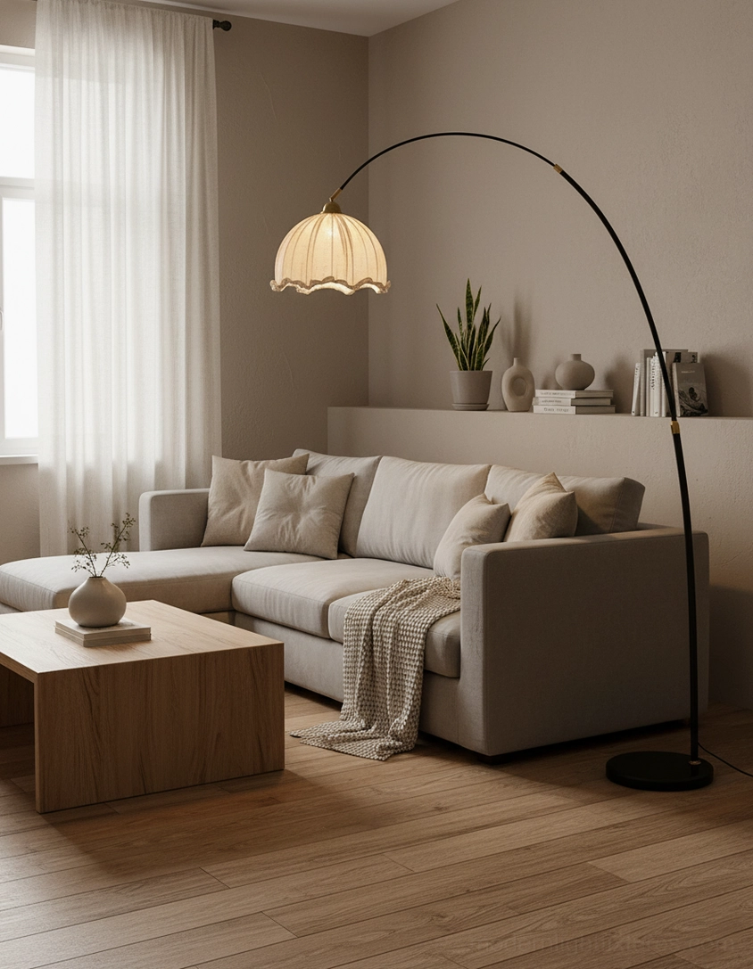 Arc floor lamp with weighted base and arching metal arm contemporary design