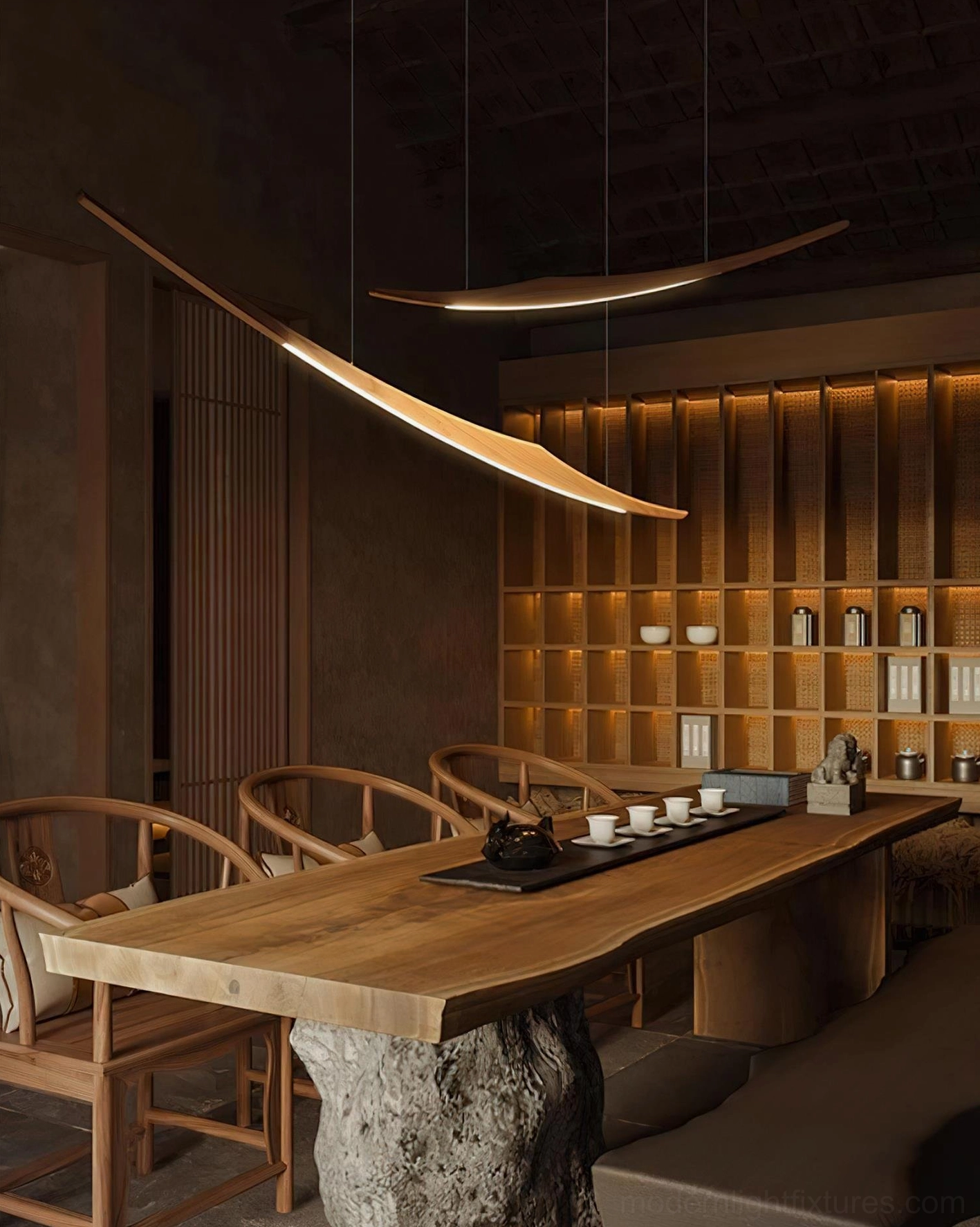 Single arc wooden pendant light with warm LED illumination in traditional tea room