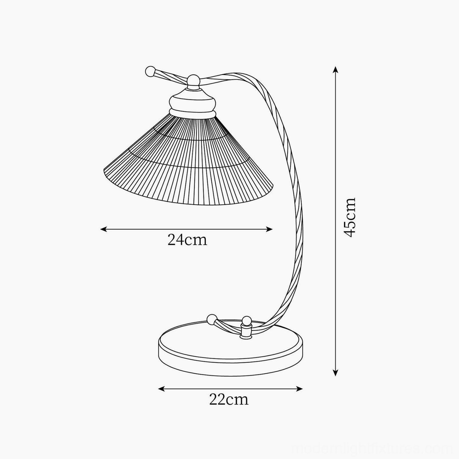 Technical dimension drawing of vintage arc reading table lamp showing measurements height 45cm, shade diameter 24cm, base diameter 22cm