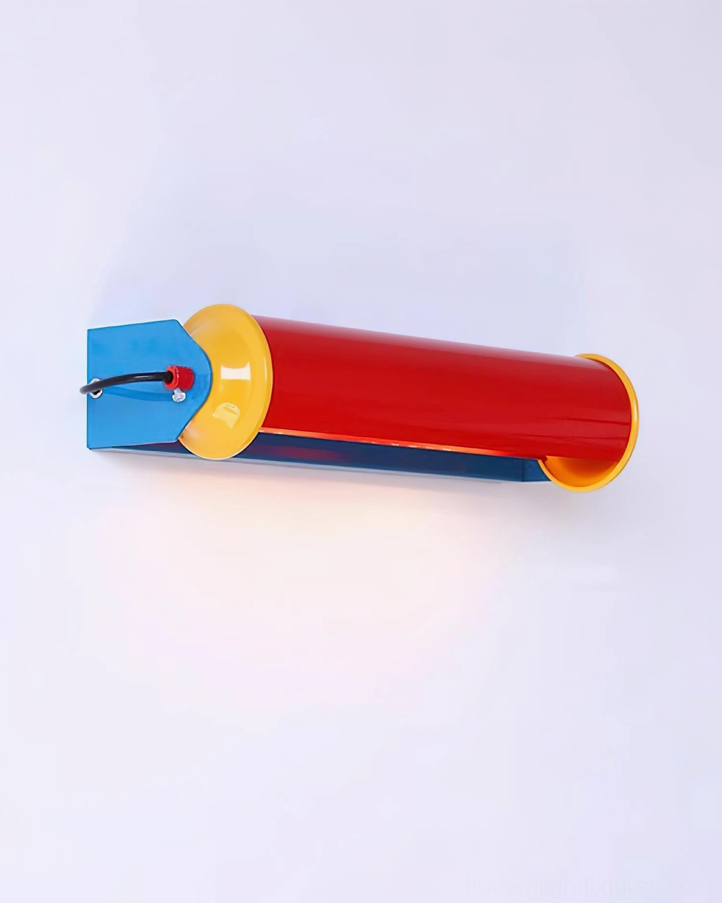Tri-color cylindrical wall lamp left side view showing blue base, power connections, and smooth metal painted surface finish