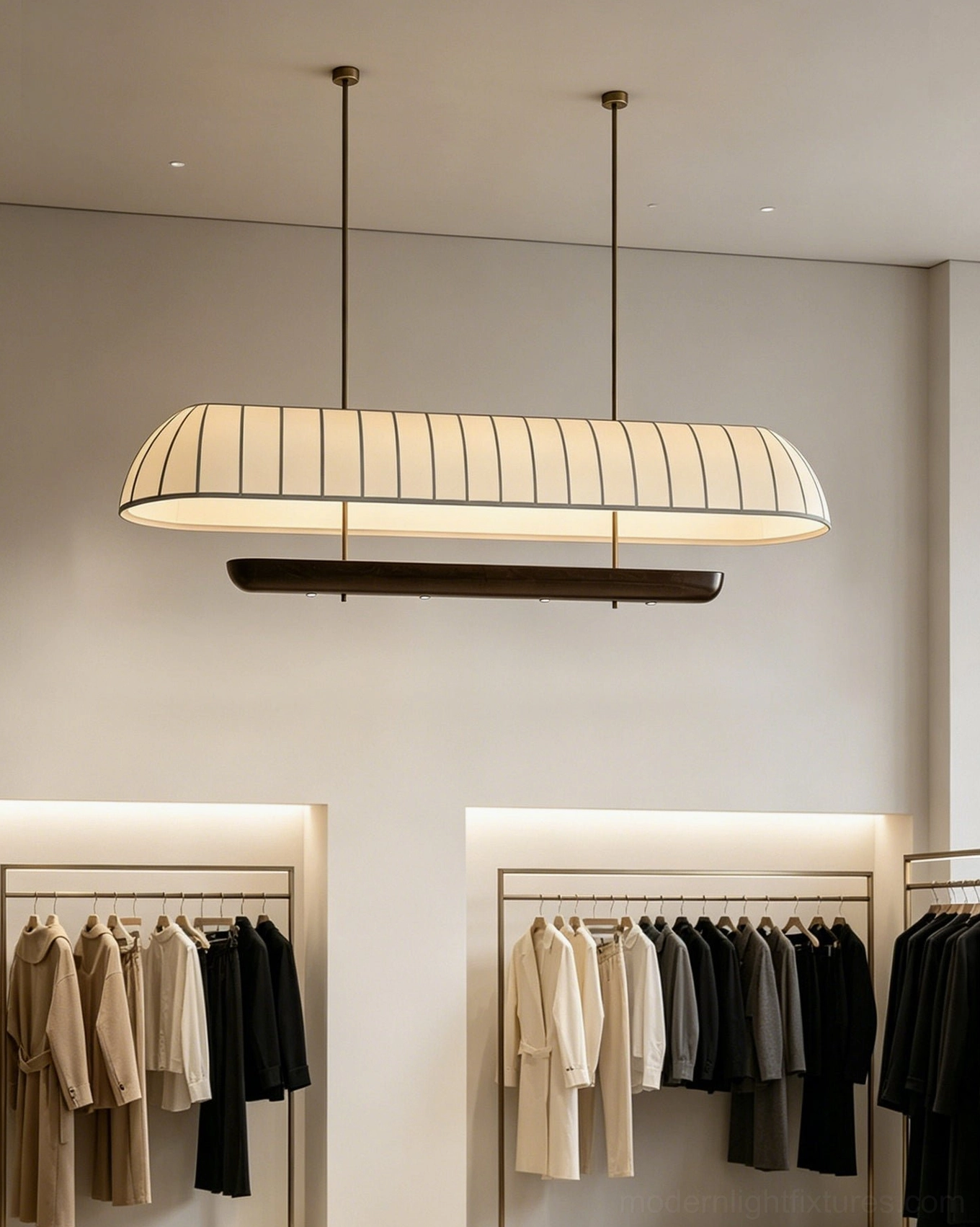 Arcelle linear chandelier close-up detail showing cream pleated fabric texture, dark walnut wood trim at bottom edge, and precision vertical seams in contemporary lighting fixture