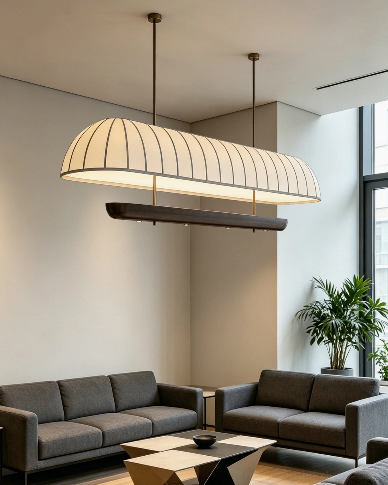 Arcelle linear chandelier integrated LED light source detail, showing 36W warm-white LED strip inside cream pleated shade plus accent spot illumination, warm 3000K color temperature