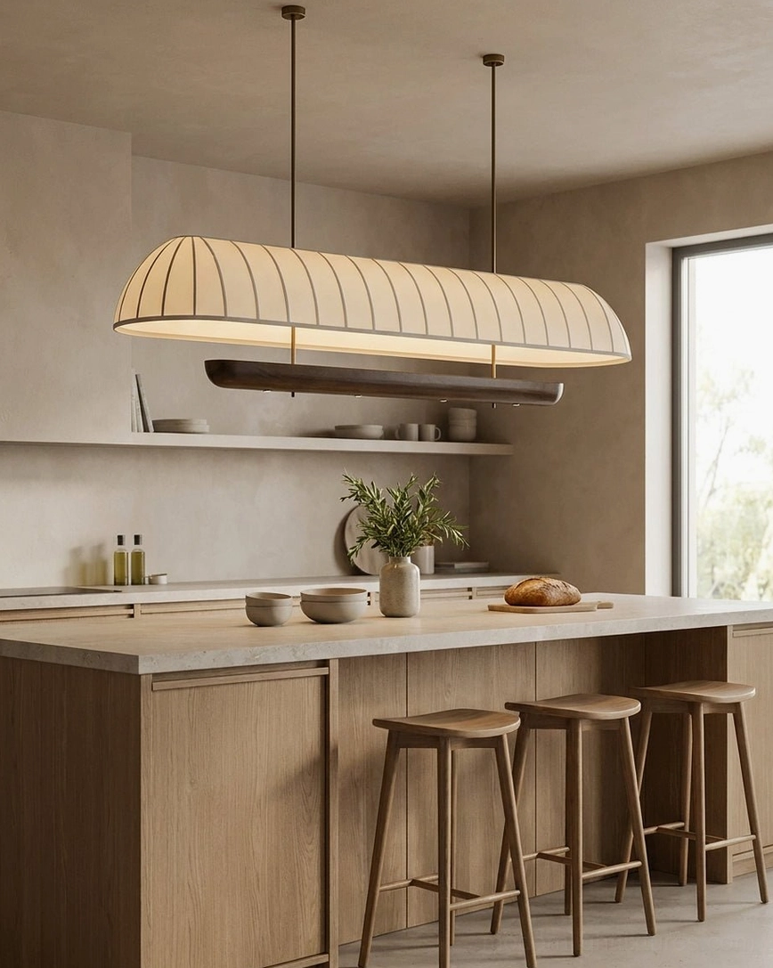 Arcelle linear chandelier above kitchen island with light wood cabinetry, cream pleated fabric shade with dark wood base and matte black rods, integrated LED providing task and ambient light