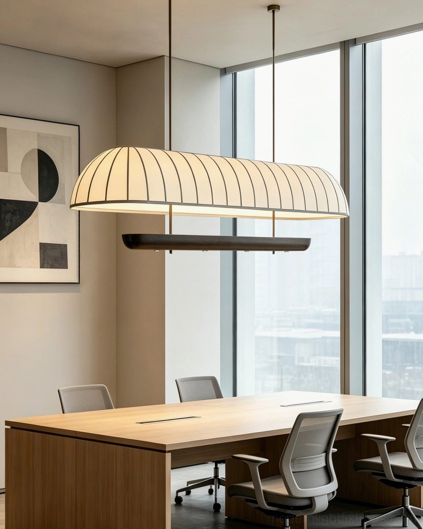 Arcelle linear chandelier materials and finishes showcase, highlighting cream linen-blend pleated fabric, dark walnut wood trim, matte black rods, warm brass-tone canopy hardware