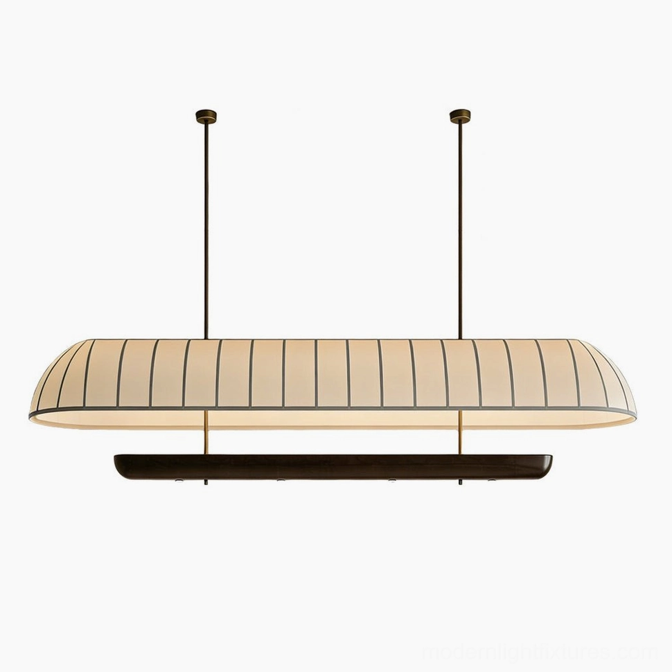 Arcelle linear chandelier size comparison showing multiple variants, various lengths of cream pleated fabric shades with dark walnut trim arranged to illustrate scaling options