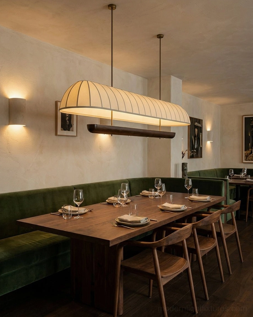 Arcelle long linear pendant light in restaurant dining booth with green velvet seating, oblong cream shade with walnut trim suspended above upscale hospitality-grade dining setup