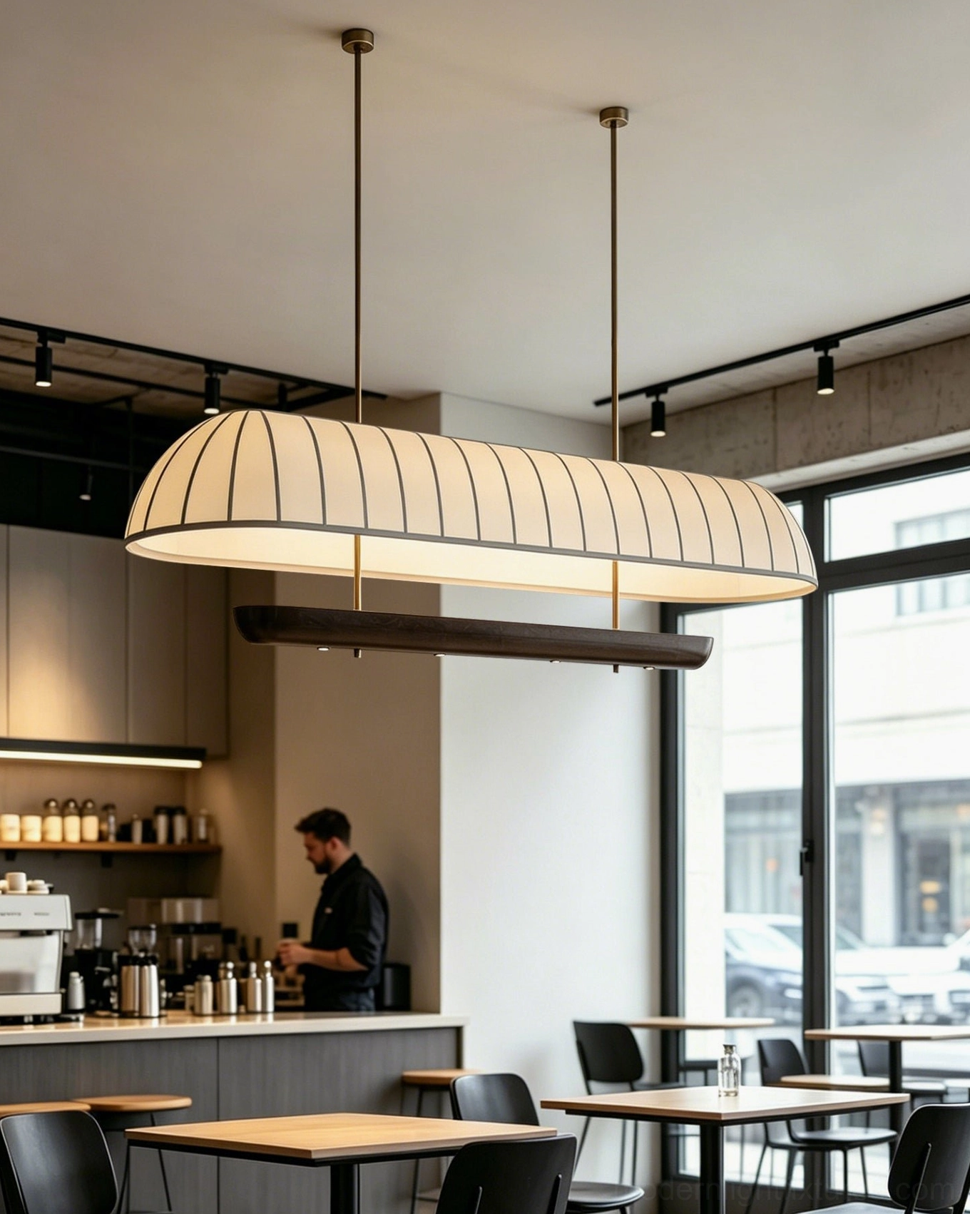 Arcelle oblong chandelier suspension detail revealing matte black metal rods and small brass-tone ceiling canopies, architectural hardware supporting cream fabric shade