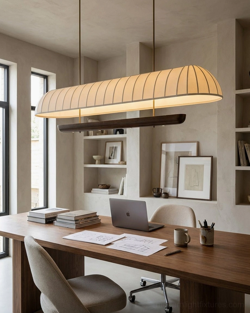 Arcelle linear pendant light above minimalist desk in contemporary home office, cream fabric shade with dark wood accent visible against neutral wall, architectural interior design