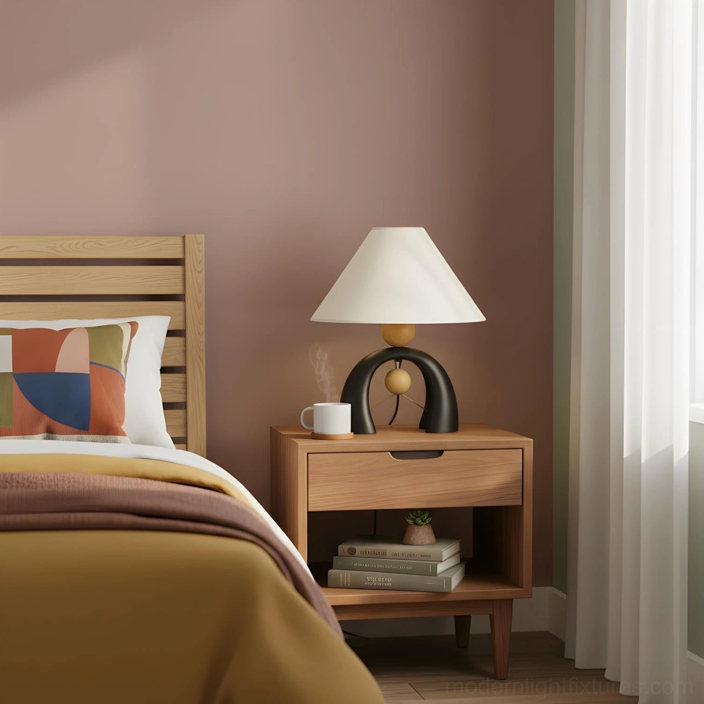 Modern arch table lamp providing soft ambient light on wooden bedside table in warm neutral bedroom interior