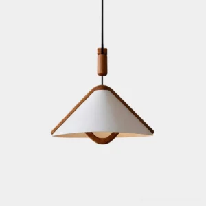 Modern arch pendant light with wooden frame and conical white fabric shade on studio backdrop