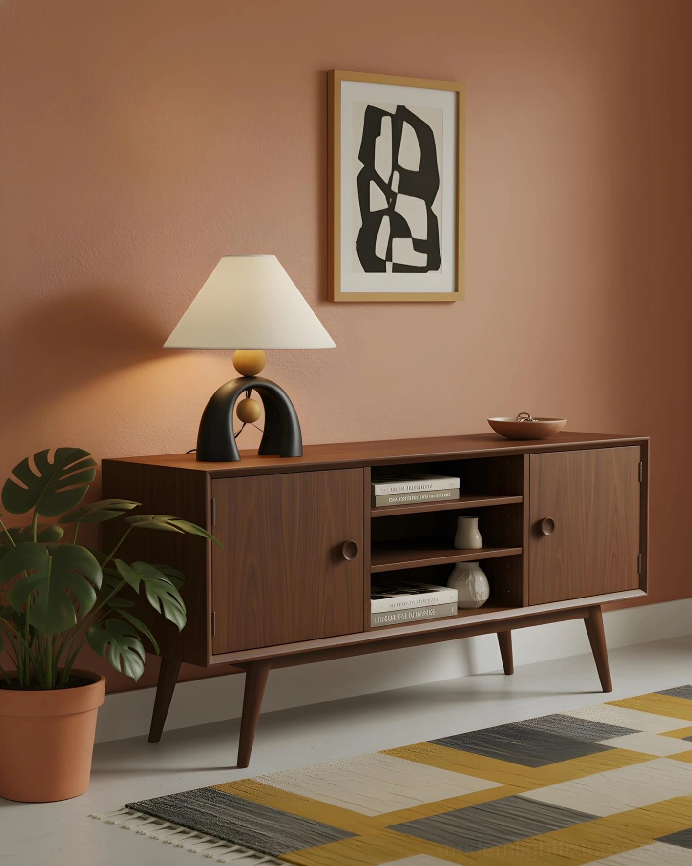 Contemporary arch lamp creating warm lighting on retro living room wooden sideboard with terracotta accent wall