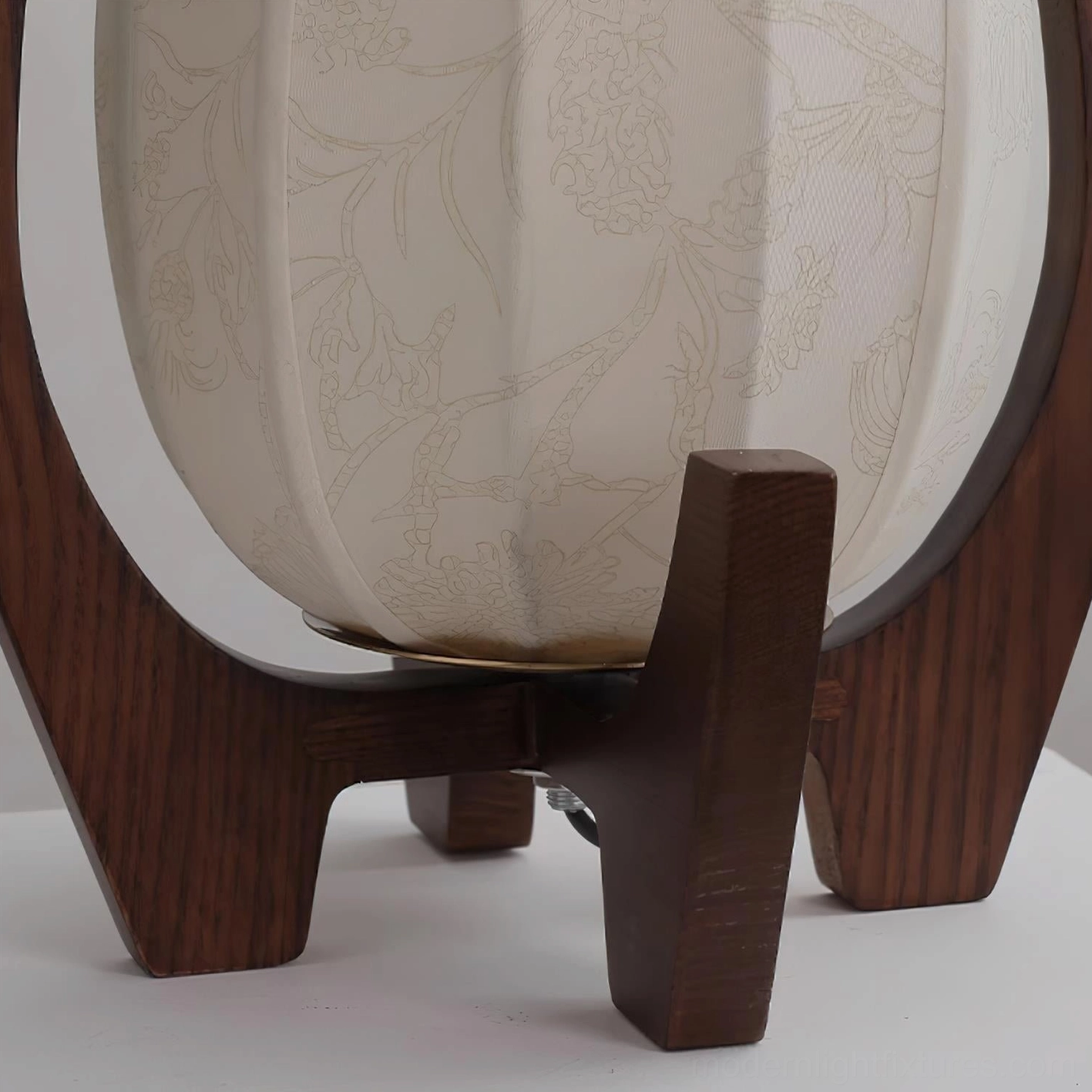 Arched wooden table lamp with segmented fabric shade panels, contemporary Nordic minimalist lighting design