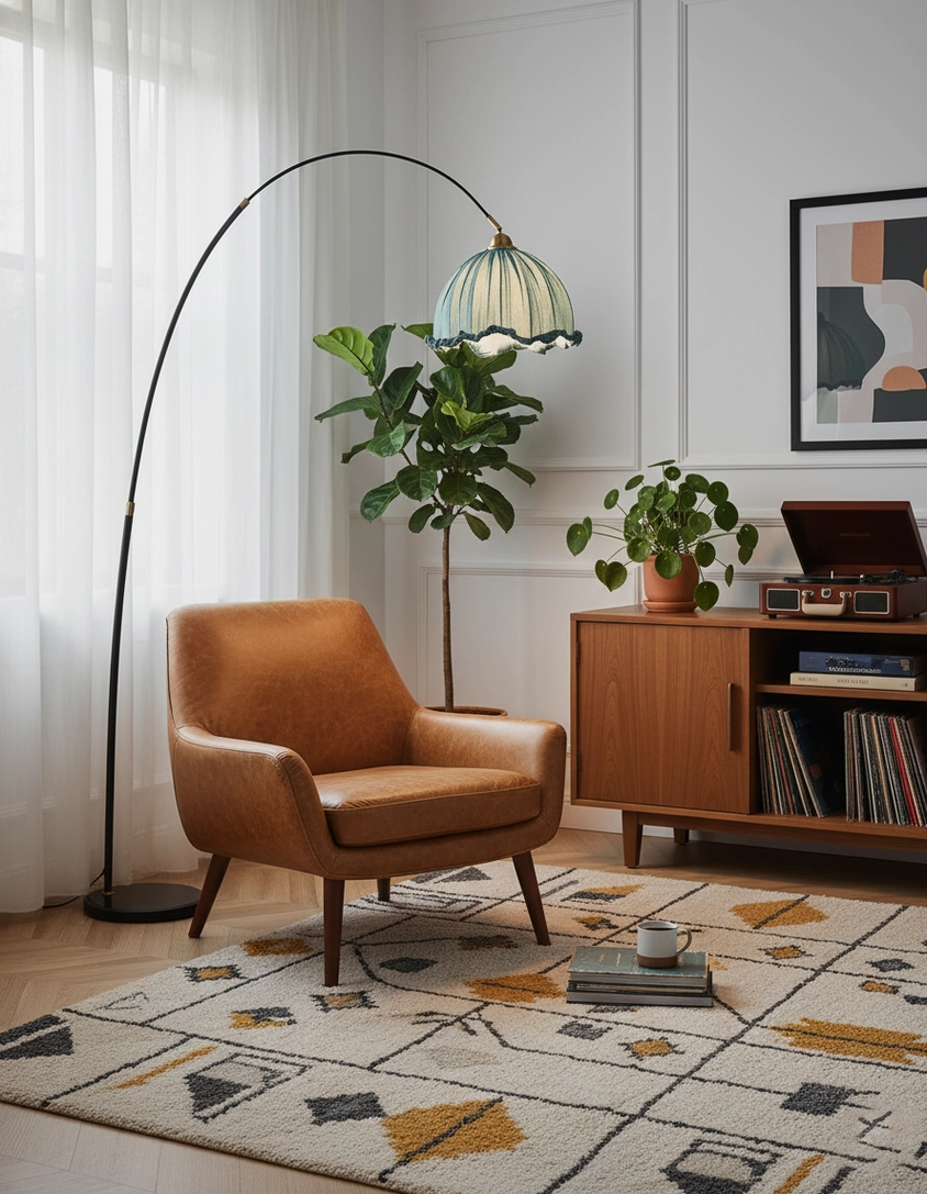 Arc floor lamp with black metal stand and teal shade in home study with leather armchair