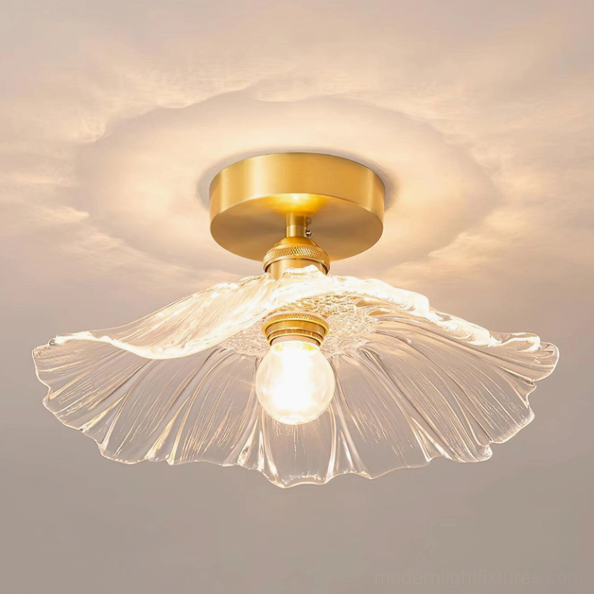 Ruffled glass semi-flush ceiling light fixture mounted in architectural ceiling demonstrating installation versatility