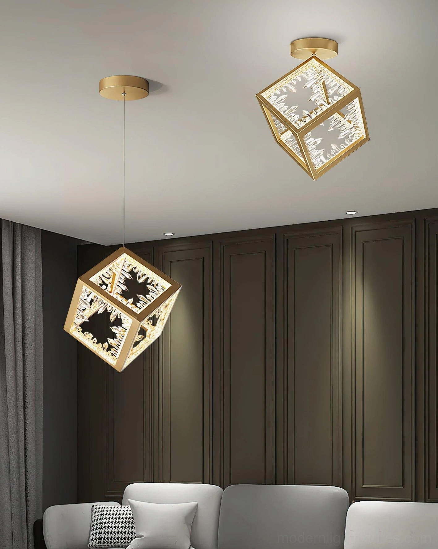 Contemporary gold pendant light with carved crystal panels architectural detail view