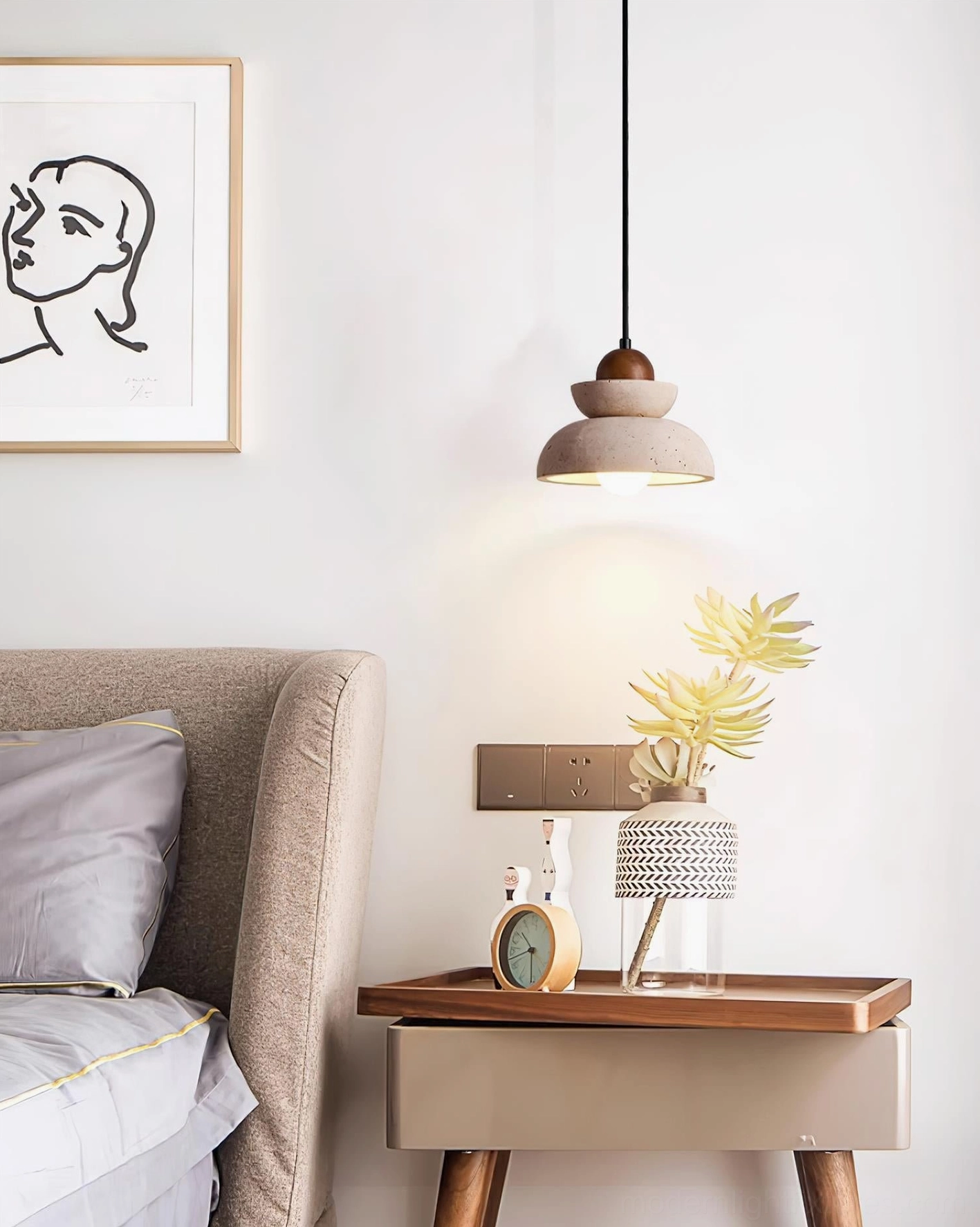Modern minimalist pendant light with travertine stone shade architectural design