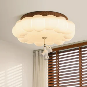 Aria kids ceiling light installed in bedroom with wooden blinds, warm ambient glow, low-angle perspective