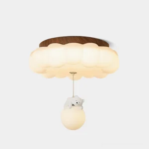 Aria cloud-shaped kids ceiling light with bear pendant, front studio view on white background