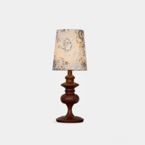Ariana floral table lamp with turned walnut wood base and vintage botanical fabric shade, front studio view