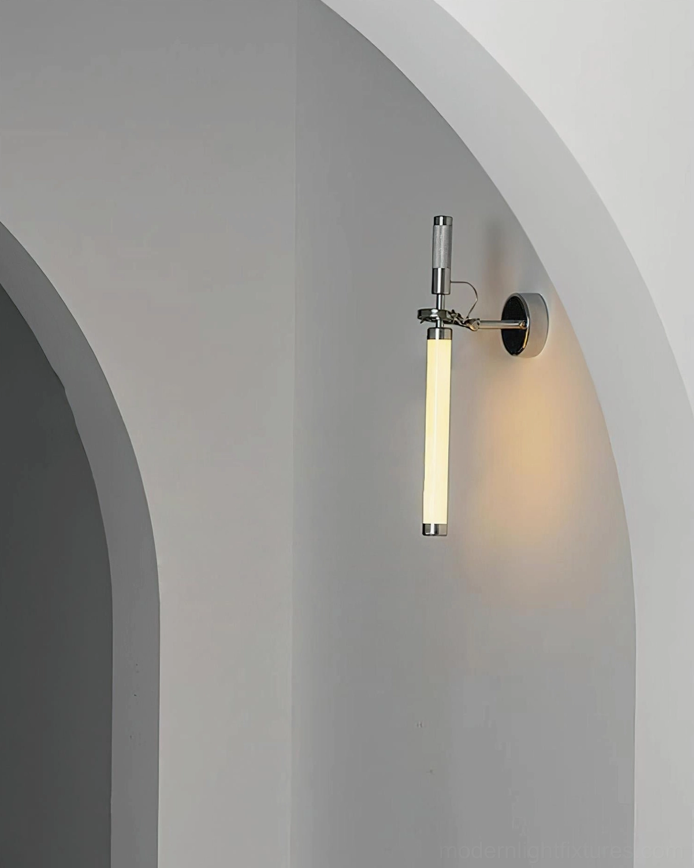 Contemporary Ariane adjustable swing arm wall lamp in modern minimalist hallway corridor with chrome plated hardware