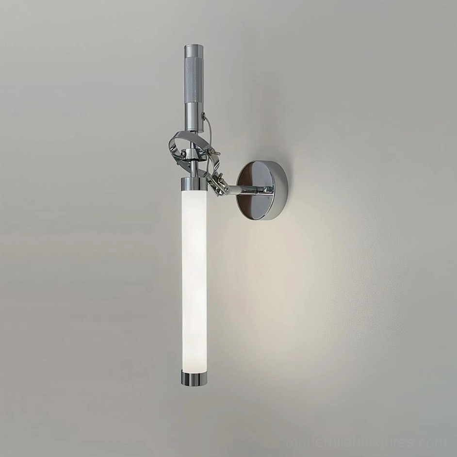 Modern Ariane wall sconce with sleek chrome metal frame and minimalist frosted glass shade, close-up detail view