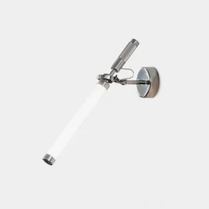 Ariane adjustable swing arm wall sconce with polished chrome finish and frosted glass tube, studio front view