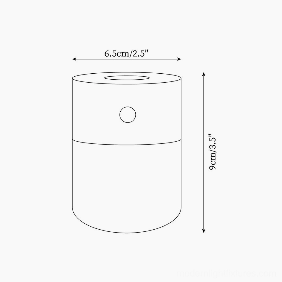 Technical dimension schematic showing aroma diffuser lamp measurements 6.5cm diameter x 9cm height