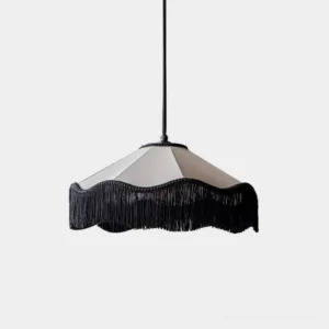 Art deco fringe pendant light with scalloped linen shade and black tassel trim, overhead flat view isolated on white background