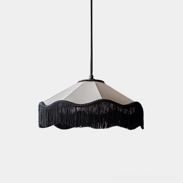 Art deco fringe pendant light with scalloped linen shade and black tassel trim, overhead flat view isolated on white background