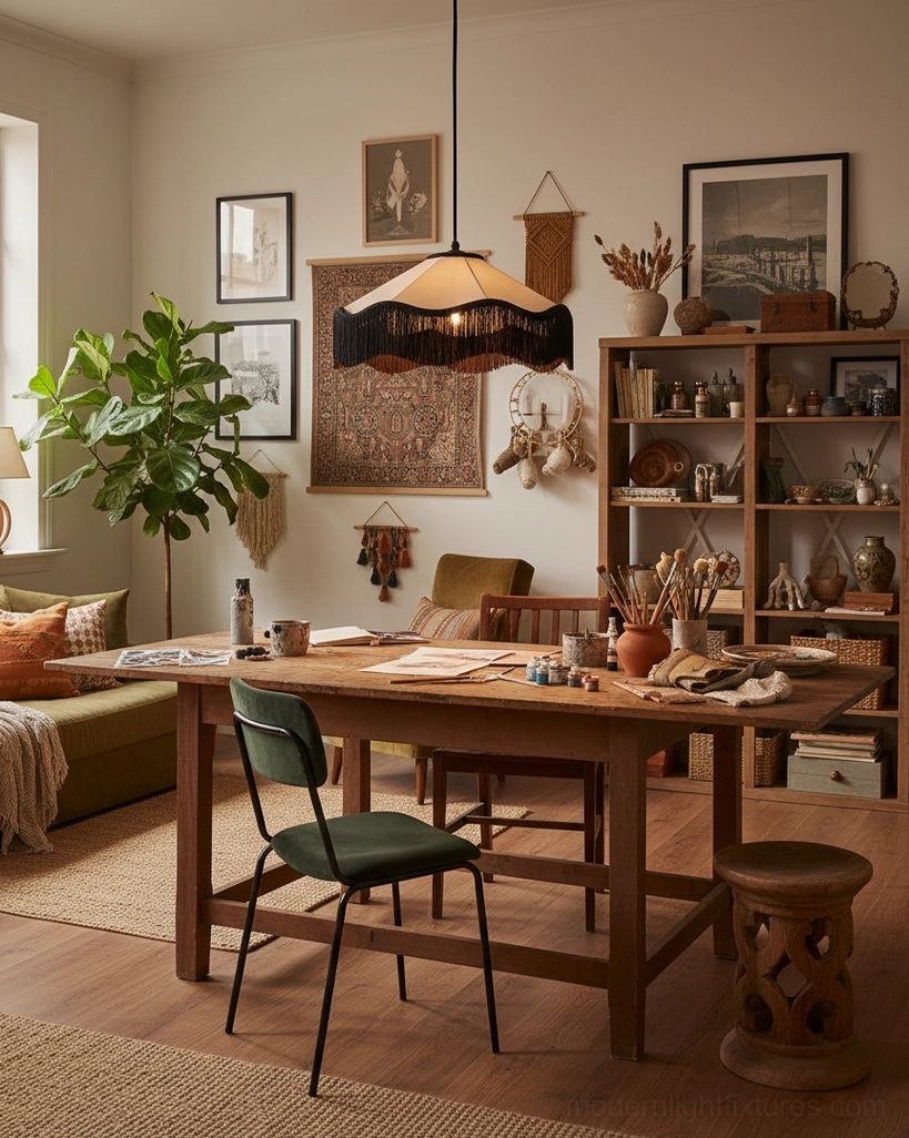Art deco fringe pendant light installed above home workbench in eclectic boho office with wood desk and shelves