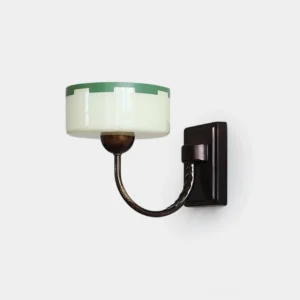 Art Deco green glass wall sconce with bronze metal arm, front studio view on white background