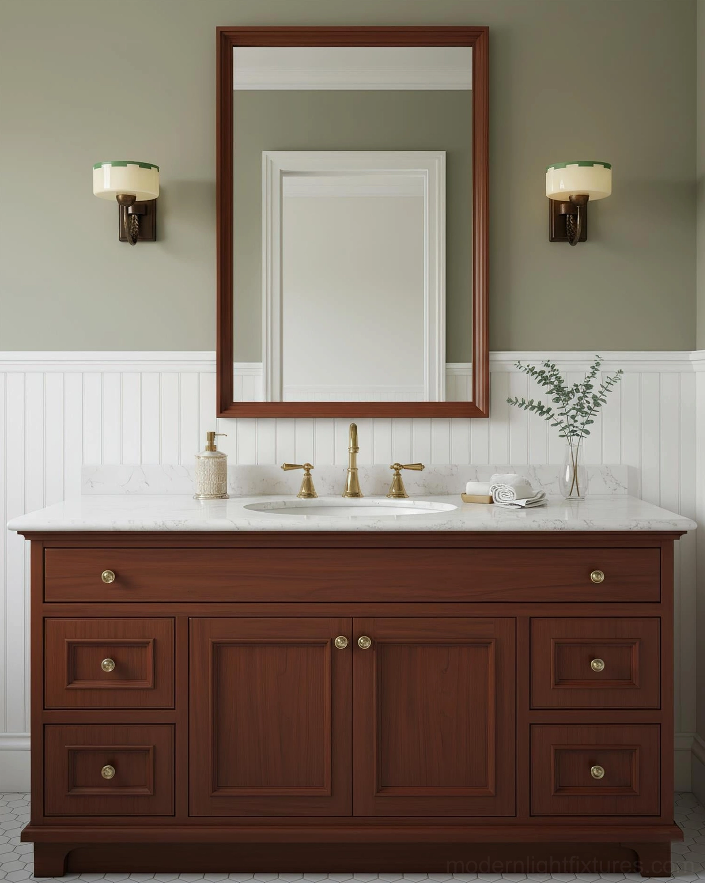 Pair of Art Deco wall sconces on bathroom vanity with dark wood and white wainscoting, classic American bathroom