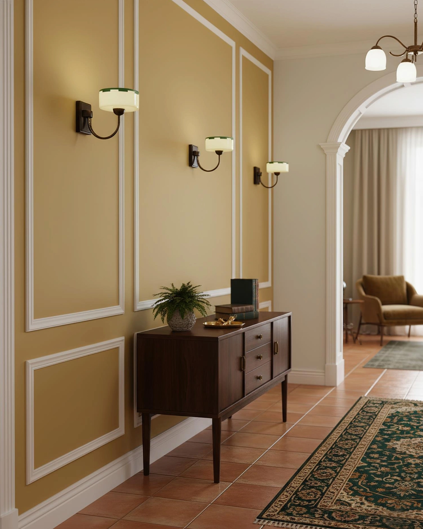 Multiple Art Deco green glass wall sconces installed in American retro hallway with yellow paneled walls