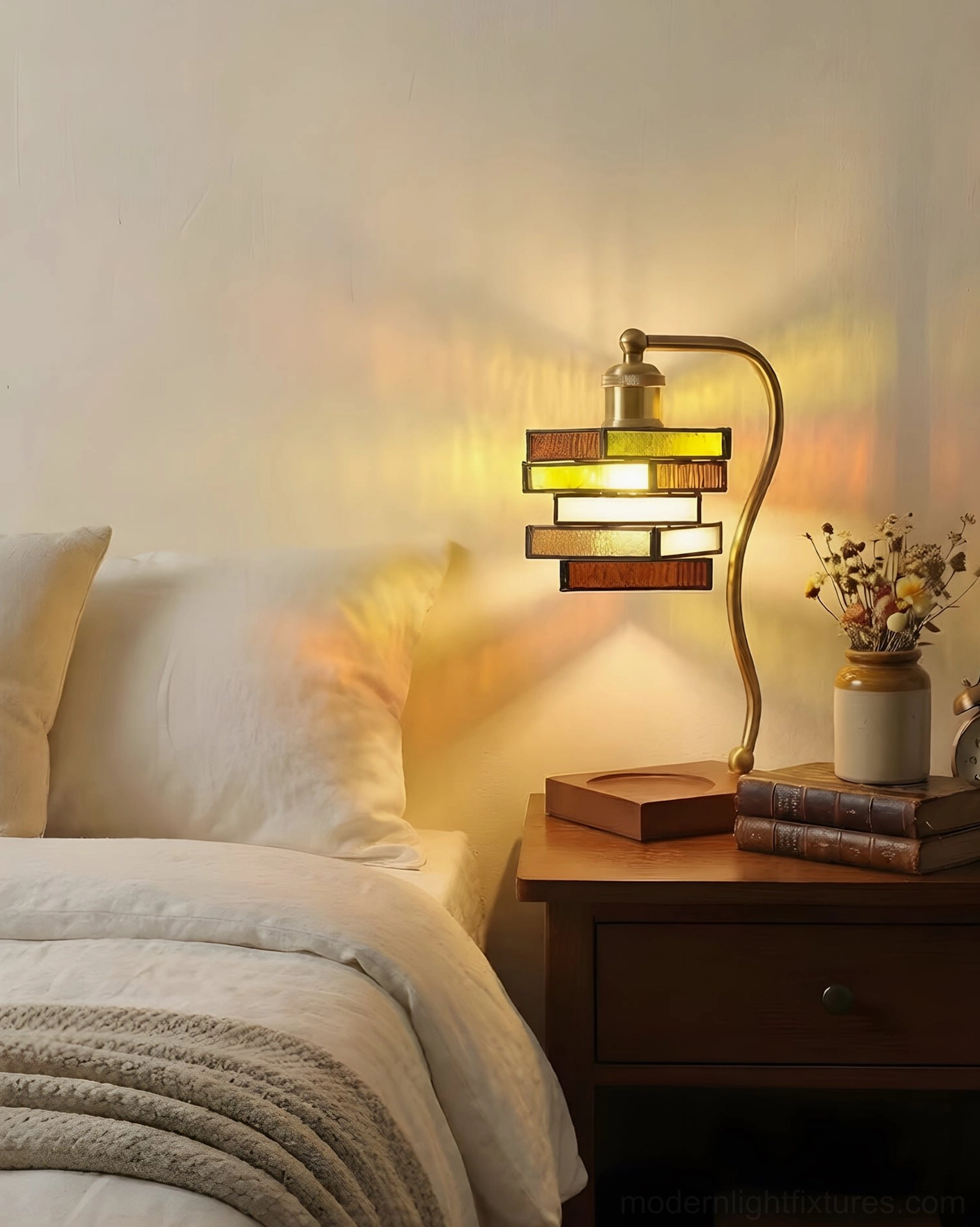 Stained glass table lamp on master bedroom bedside table with dried flowers and warm layered amber glass shade