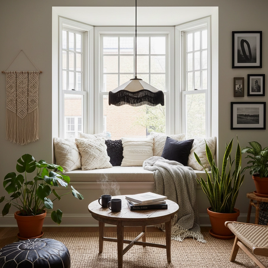 Art deco pendant light hanging above window seat nook with cushions and side table in residential interior