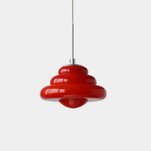 Art Deco tiered glass pendant light with deep crimson red glossy finish, front view on white background