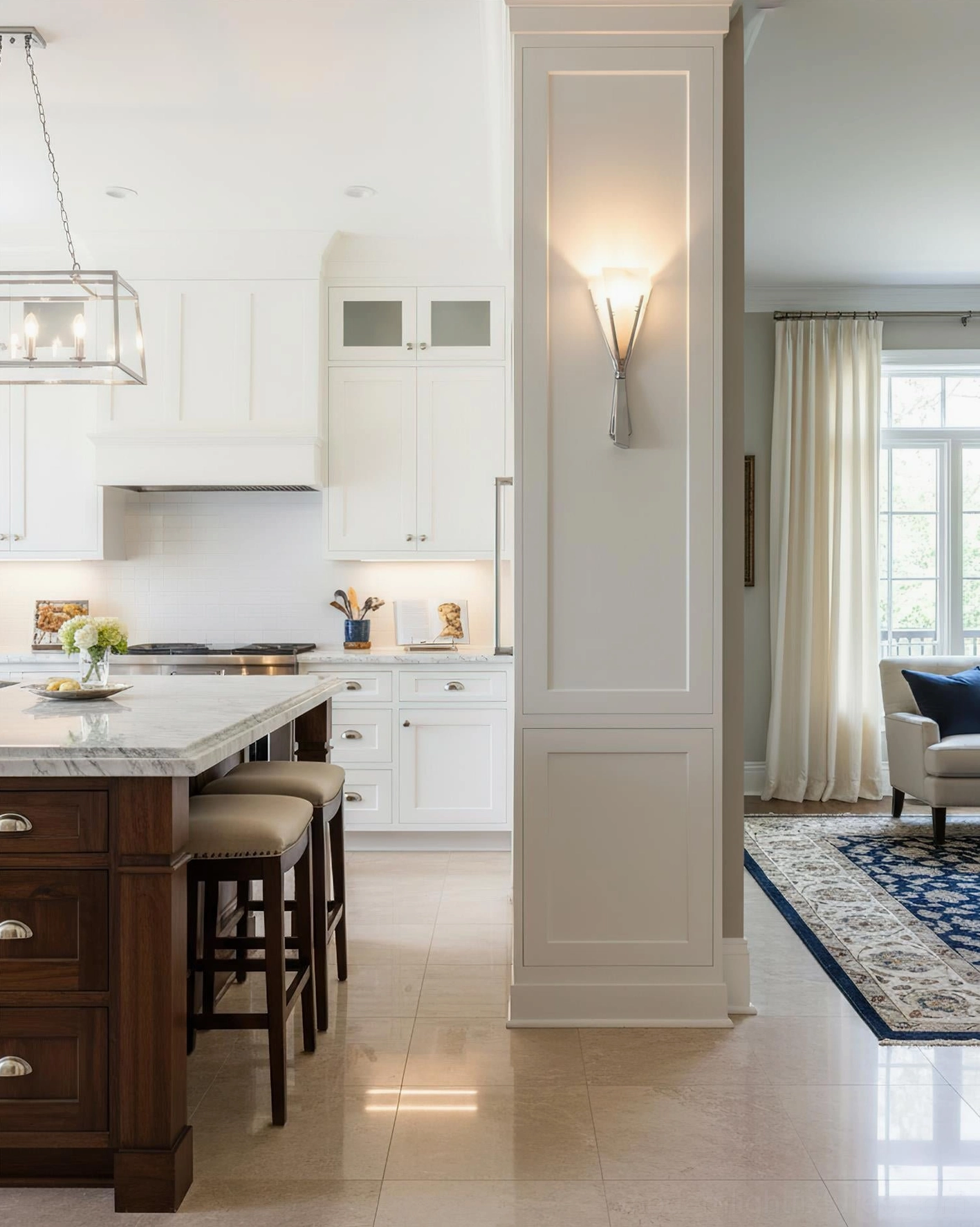 Single wall sconce in luxury kitchen and hallway setting, warm ambient light creating sophisticated interior atmosphere
