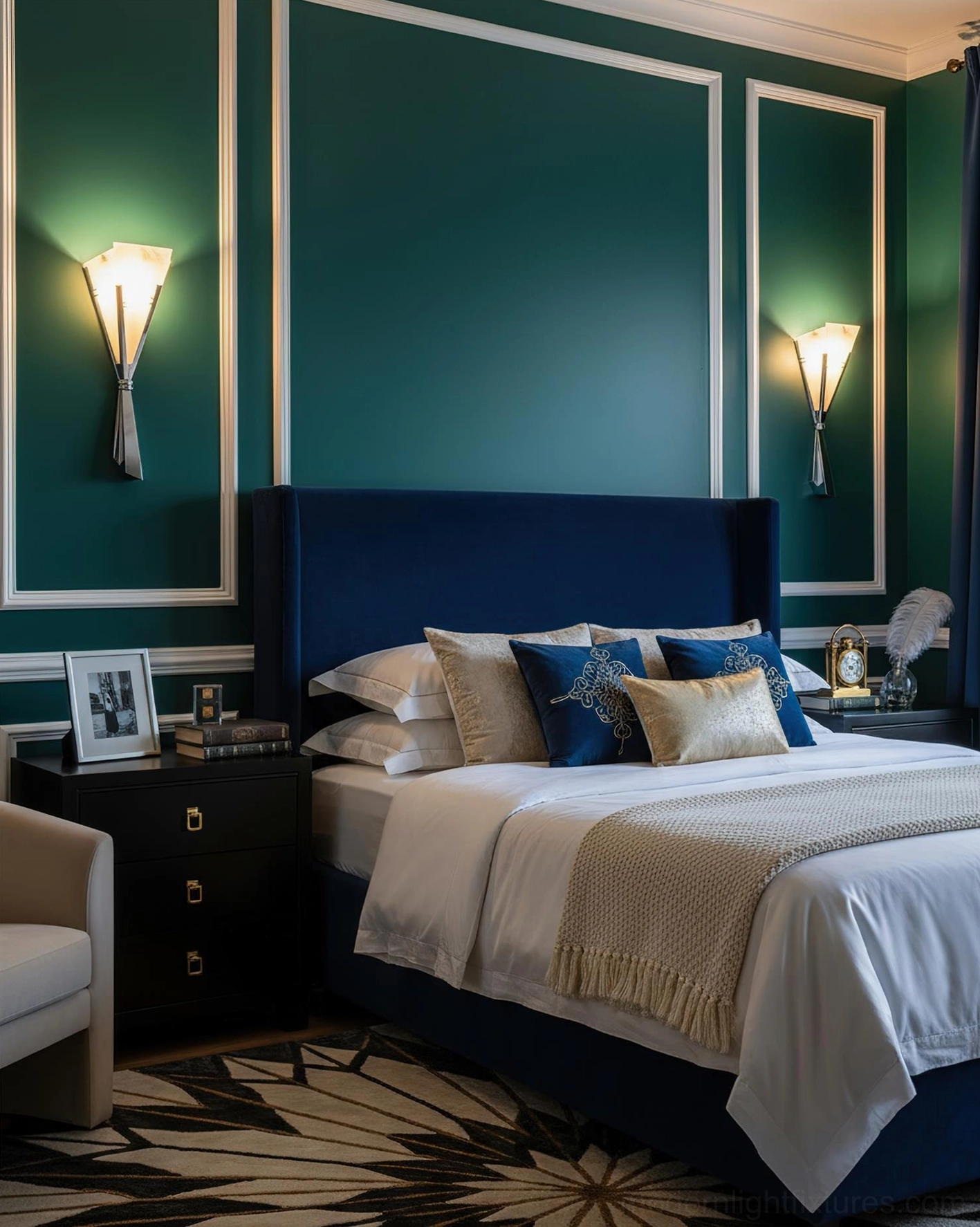 Matching Art Deco wall sconces in master bedroom with dark teal accent wall and sophisticated luxury bedding decor
