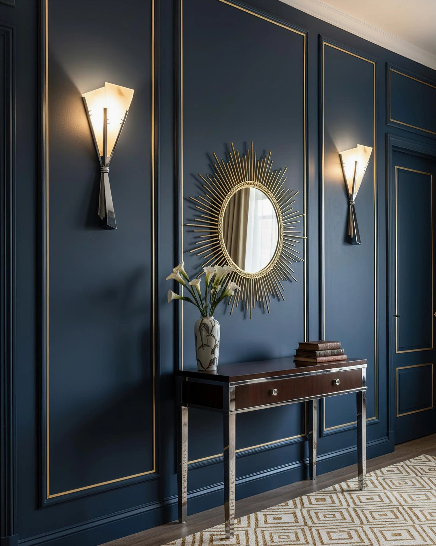 Pair of Art Deco wall sconces in navy blue paneled entryway with sunburst mirror and luxury console table with gold trim accents