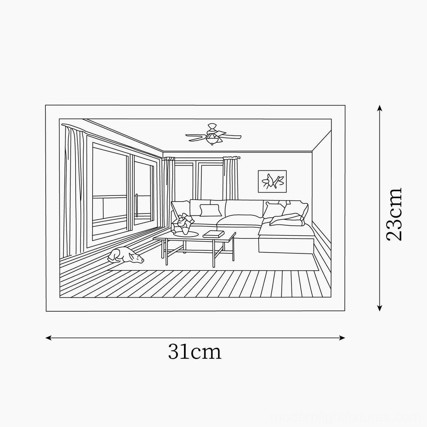 Size specification diagram for LED art painting light showing 31cm by 23cm dimensions