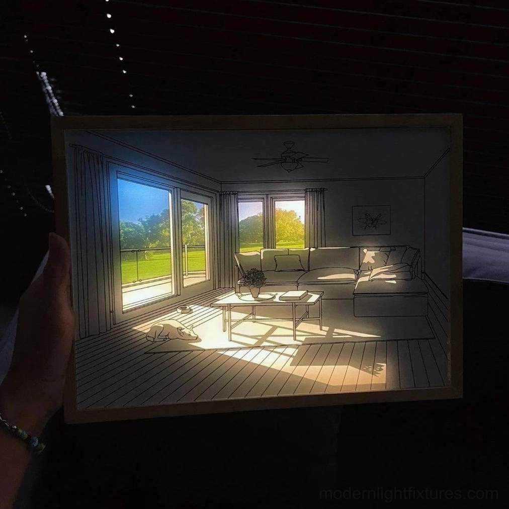 Handheld side view of lighted art painting showing realistic sunlight simulation effect