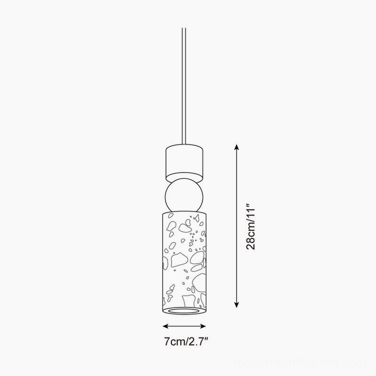 Artena terrazzo pendant light technical drawing with orthographic dimensions 28cm height 7cm width